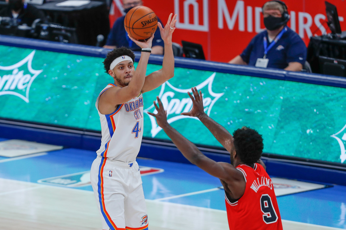 Dec 16, 2020; Oklahoma City, Oklahoma, USA; Oklahoma City Thunder forward Justin Jackson (44) shoots as Chicago Bulls forward Patrick Williams (9) defends during the second half at Chesapeake Energy Arena.